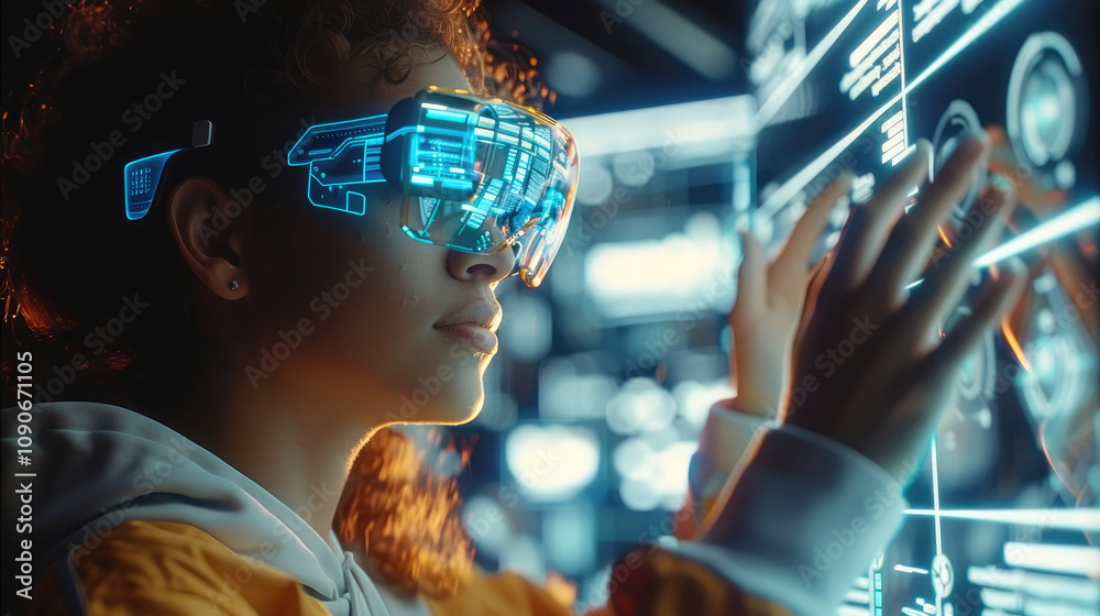 Fototapete a young woman wearing vr glasses is interacting with holographic data on the screen, while his hands