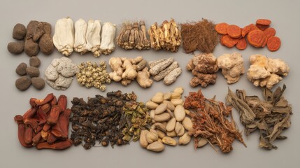 Obraz premium Dried Herbs and Roots Arranged in Rows on a Grey Background