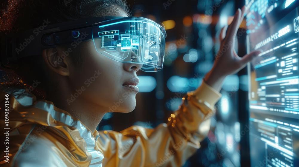 Poster a young woman wearing vr glasses is interacting with holographic data on the screen, while his hands
