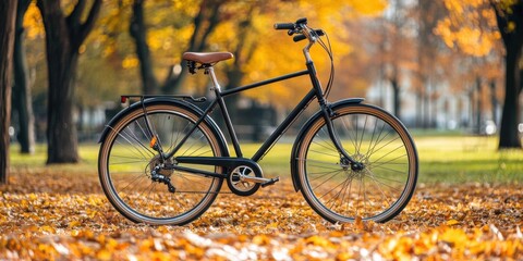 Fototapeta premium Stylish bike commuting through an urban park, eco-friendly transportation and active lifestyle,