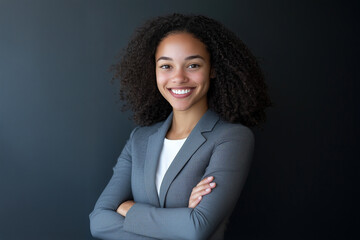 A professional woman in a gray suit with arms crossed, smiling confidently against a neutral gray background, representing leadership, generative ai