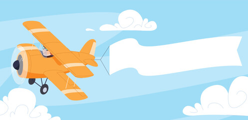 Airplane with banner. Airplane in cartoon style on the background of the sky. Cute colorful air transport. Beautiful baby illustration.