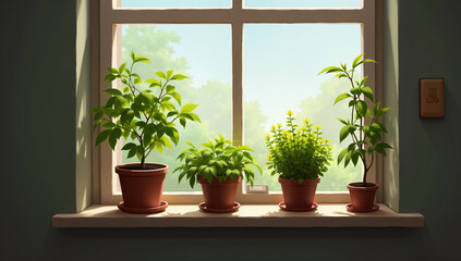 Four vibrant potted plants bask in sunlight on a windowsill, creating a fresh and natural ambiance. A perfect touch of greenery for a cozy indoor space.