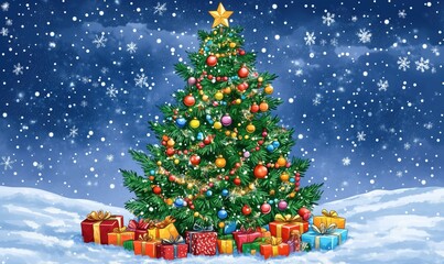 Obraz premium Christmas tree decorated with ornaments and gifts, vibrant colors, snowy background, festive atmosphere, star on top