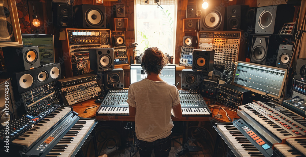 Fototapete A music studio where a man producer is adjusting the levels on an analog mixing console, remix the same track simultaneously.
