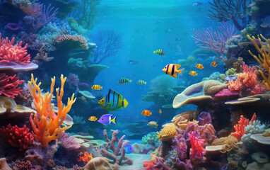 Vibrant Underwater Scene Featuring Colorful Coral Reefs and Diverse Tropical Fish in a Clear Blue Ocean Environment