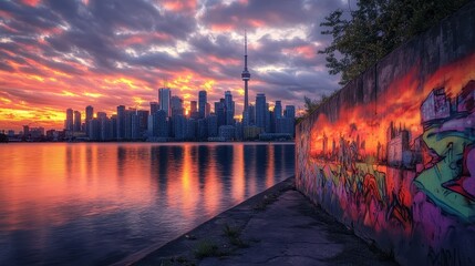 Fototapeta premium Vibrant sunset over a city skyline with graffiti along the water's edge.