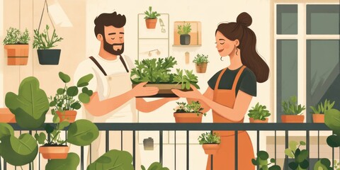Fototapeta premium Young couple tending their balcony garden with fresh herbs and vegetables, city sustainability,