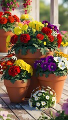 A vibrant 3D render of a multi-flower pot arrangement
