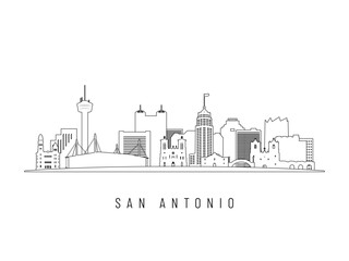 Obraz premium Detailed San Antonio skyline vector illustration. San Antonio buildings in line art style, perfect for modern designs.