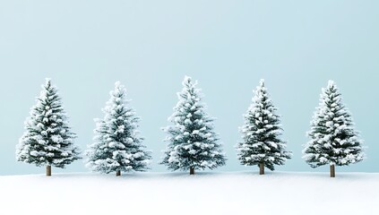 Obraz premium Minimalistic row of five snow-covered Christmas trees on a light blue background, perfect for New Year’s Day and holiday season themes, flat lay with copy space.