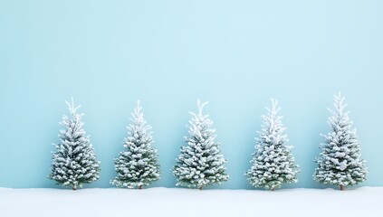 Obraz premium Minimalistic row of five snow-covered Christmas trees on a light blue background, perfect for New Year’s Day and holiday season themes, flat lay with copy space.