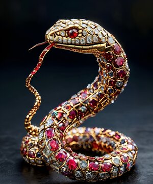 Snake-shaped jewelry made of red ruby and gold, snake on a black