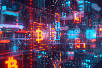 Fototapeta premium A vibrant digital representation of cryptocurrency technology featuring glowing Bitcoin symbols and data visuals, set against a futuristic backdrop.