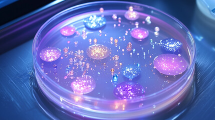 Obraz premium Bacterial Colonies on Petri Dish Close Up in Various Colors