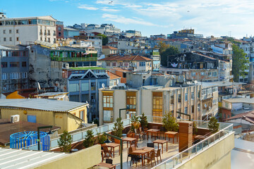 Fototapeta premium Rooftop cafe in Istanbul, Turkey, view of the city architecture