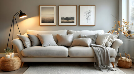 Fototapeta premium A Beige Sofa with Throw Blanket and Pillows Placed in a Living Room with a Floor Lamp and Framed Artwork on the Wall