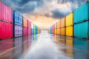 Fototapeta premium Colorful shipping containers lined up in a vibrant industrial area under a dramatic cloudy sky, reflecting in wet pavement, creating a striking visual composition.