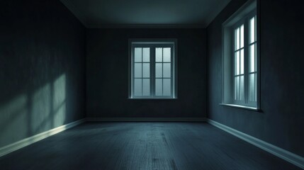 Obraz premium A dark room with two windows and a wooden floor