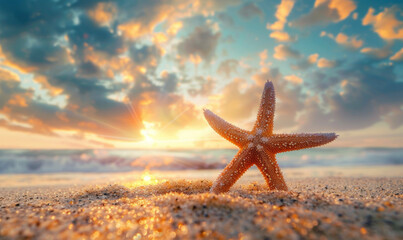 Fototapeta na wymiar A starfish rests on a sandy beach as the golden sunset casts a warm glow, creating a serene and picturesque coastal scene