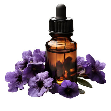 Essential Oil Bottle with Purple Flowers &ndash; Aromatherapy and Natural Skincare Concept