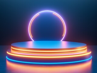 Minimalist 3D podium glowing with neon accents floating in a sleek dark environment perfect for product display