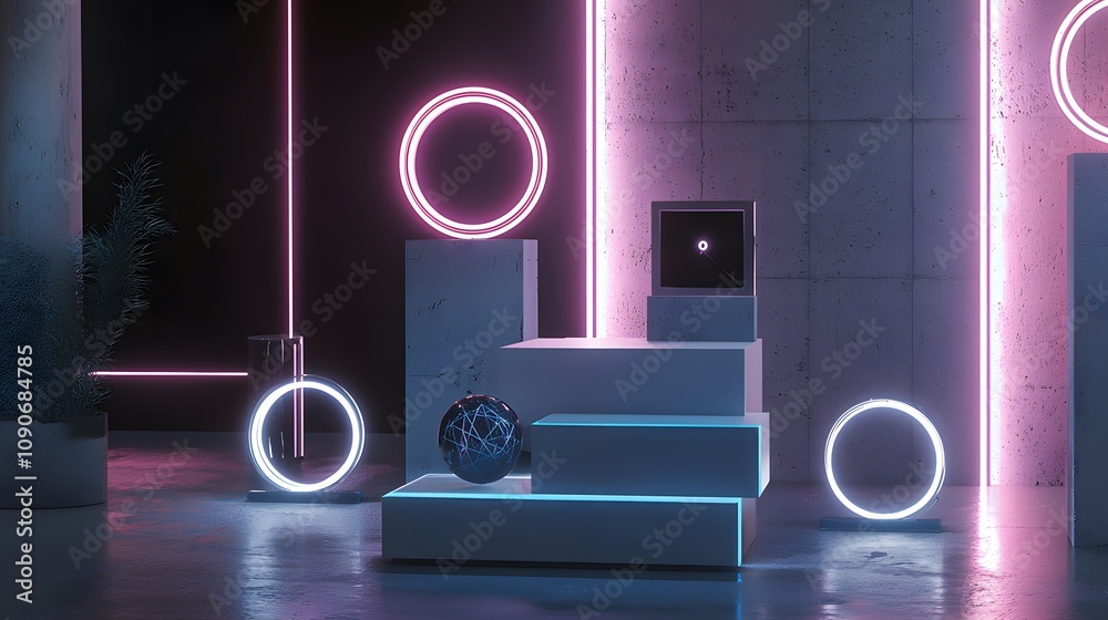 Poster Illuminated geometric shapes modern studio digital art minimalist environment low angle futuristic design