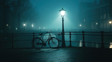 Outdoor photo of foggy night in amsterdam canals with street light shining down on a bicycle parked on the bridge 