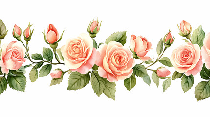 Fototapeta premium Watercolor Painting of Delicate Pink Roses with Green Leaves and Buds Arranged in a Horizontal Row on a White Background