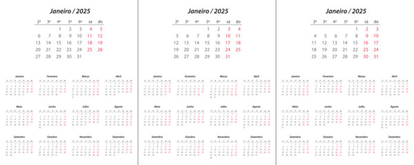 Calendar 2025, calendar 2026, calendar 2027 on portuguese language week start Monday