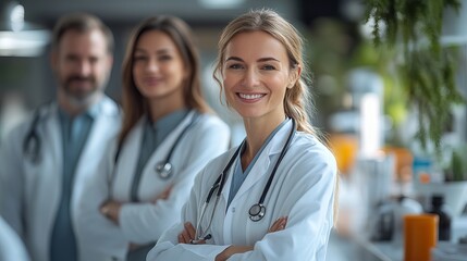 Fototapeta premium Smiling medical professionals with stethoscopes in modern hospital setting
