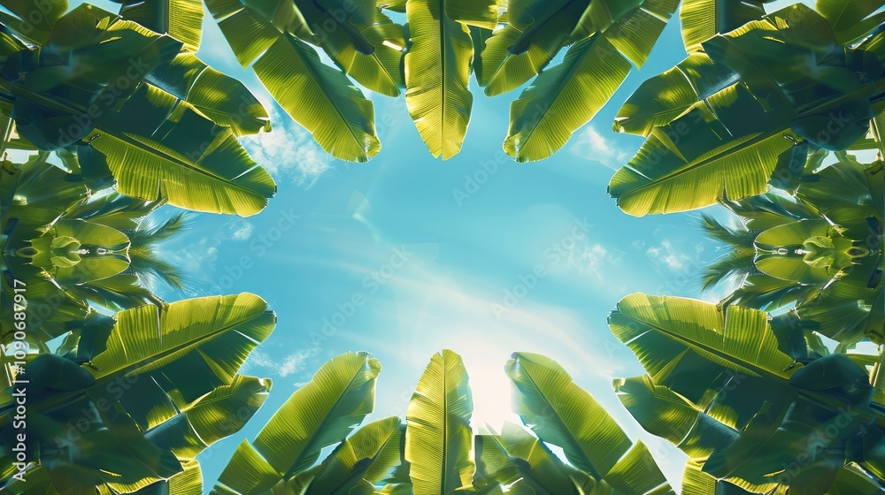 Poster the blue sky is reflected in the banana leaves, a symmetrical composition with a symmetrical frame, 