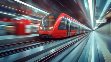 High-Speed Red Train in Motion: A Modern Urban Transportation System