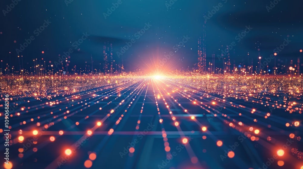 Aufkleber futuristic digital grid landscape stretching into the distance, with glowing grid lines fading into 
