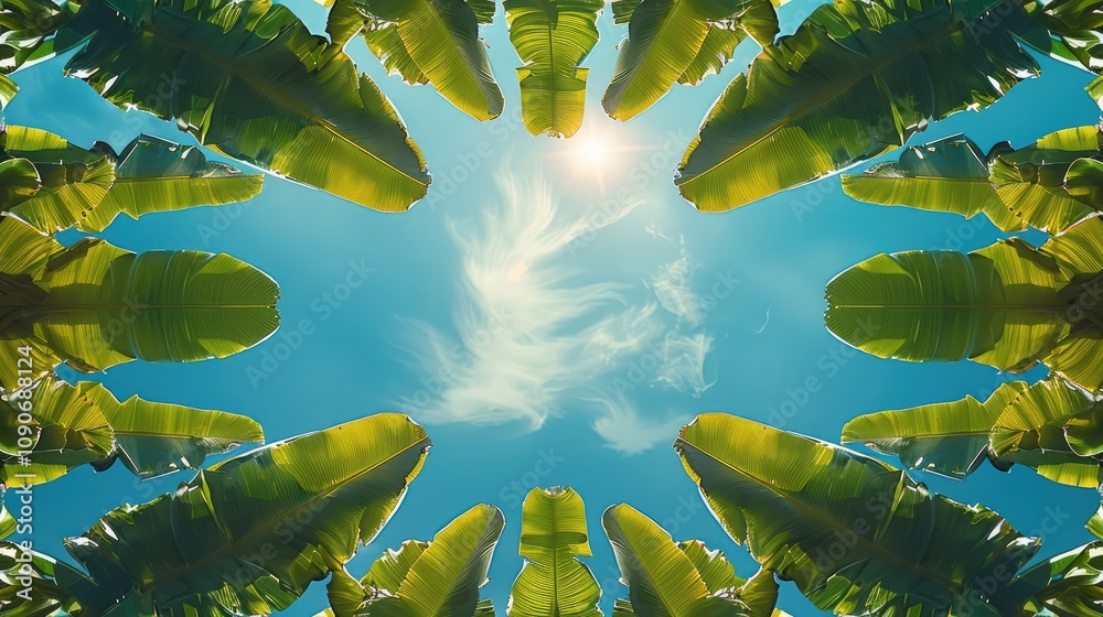 Poster the blue sky is reflected in the banana leaves, a symmetrical composition with a symmetrical frame, 
