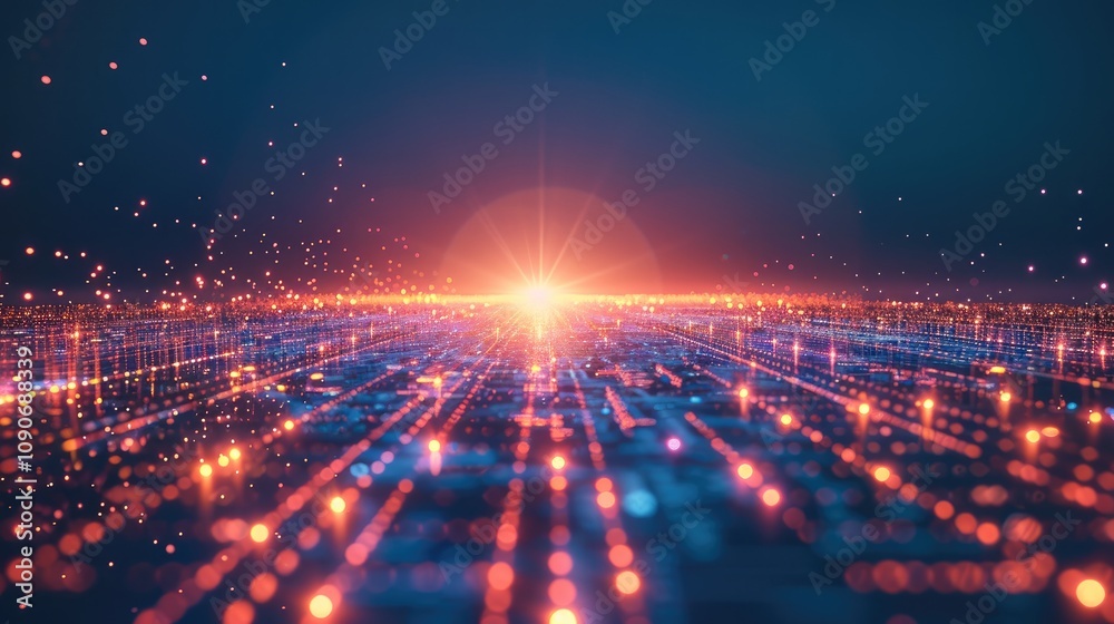 Aufkleber futuristic digital grid landscape stretching into the distance, with glowing grid lines fading into 