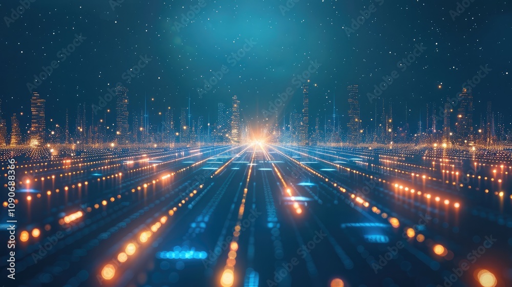 Poster Futuristic digital grid landscape stretching into the distance, with glowing grid lines fading into a dark blue gradient background.