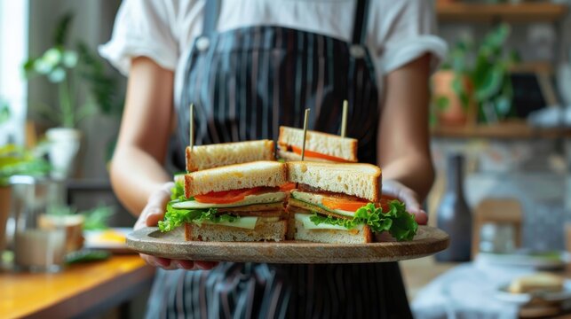 A waitress showcases a plate of carefully arranged sandwiches, highlighting the fresh ingredients and inviting aromas. - Powered by Adobe