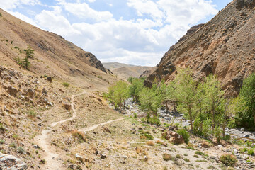 Mountain Altai hiking route. Colored mountains, tourist destination.