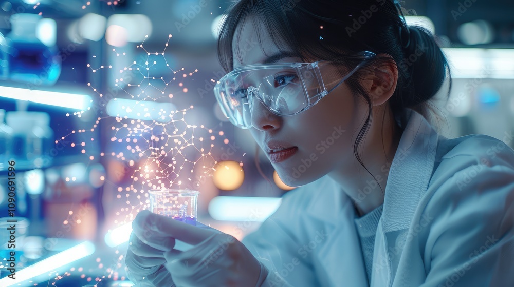 Aufkleber a futuristic scientist in a lab coat examines floating 3d chemical structures in neon colors, with a