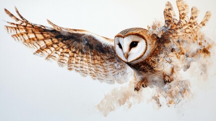 Visualize a majestic owl gliding in the air, displaying vivid shades of brown and white feathers, with delicate textures against a clear white background that enhances its elegance.