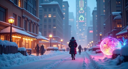 Obraz premium A bright, colorful winter city of the future with glowing skyscrapers, high-tech coats, holographic snow creatures, and steaming drinks, as snowflakes with tiny LEDs drift through a cozy, snow-covered
