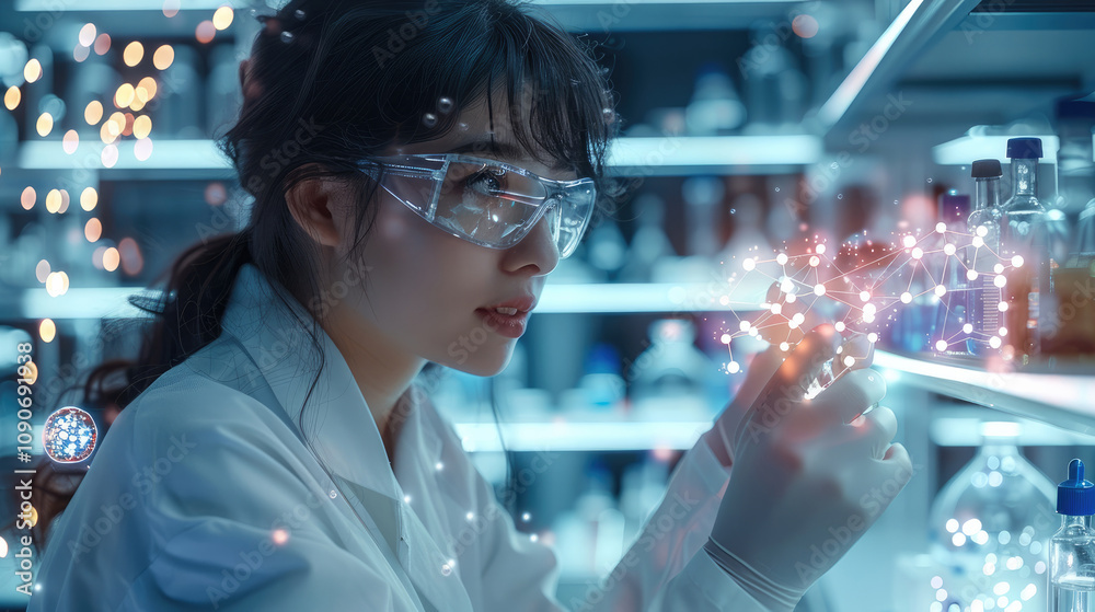 Aufkleber a futuristic scientist in a lab coat examines floating 3d chemical structures in neon colors, with a