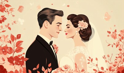 Wedding couple portrait, romantic atmosphere, floral background, elegant attire, soft colors, love and celebration, intimate moment