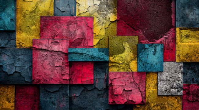 Un colorido cuadro abstracto con un motivo geom&eacute;trico en forma de ondas y una variedad de c&iacute;rculos y cuadrados de distintos colores.
Pintura con textura grunge y envejecida.