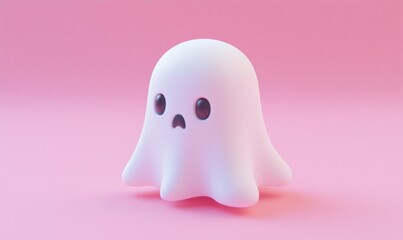 Fototapeta premium Cute ghost character, cartoonish design, round body, large eyes, soft features, pink background, playful and friendly appearance
