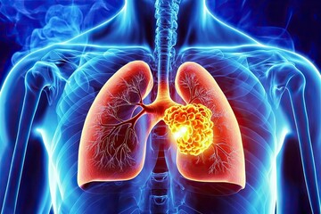 A digital illustration depicts human lungs with a highlighted tumor, symbolizing lung cancer and its impact on health.