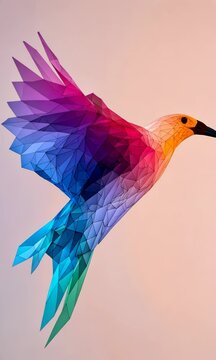 A colorful bird with a rainbow tail flies through the air