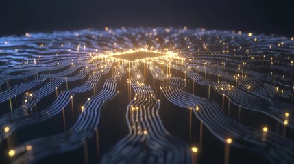 Fototapeta premium Glowing AI Techno Circuitry - Digital Artwork of Intricate 3D Rendered Circuits Illuminated with Energy on Dark Background