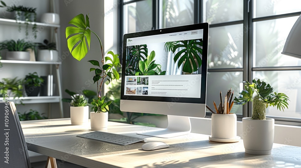 Poster A modern office workspace with a sleek computer setup displaying a website design on the screen, surrounded by plants and minimalistic decor.